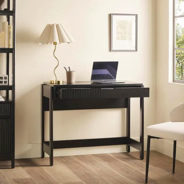 Alt view image 6 of 7 - Walker Edison Transitional Office Design, Reeded Drawer Front Detail, Writing Desk with Drawer, Spacious Desktop, Complementary in Living Spaces, 38W x 16.75D x 30H, Black
