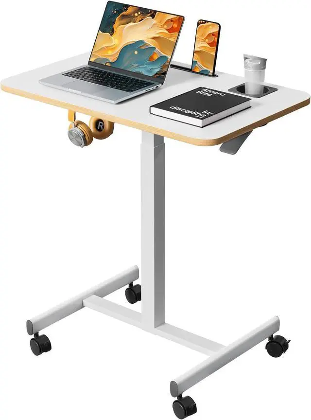 Main image of Mobile Standing Desk, Rolling Laptop Cart Adjustable Height with Cup Holder, 28 inch Portable Table with 4 Lockable Wheels, White Computer Workstation with Hook and Slots for Home Office