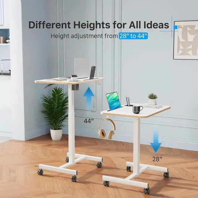 Alt view image 3 of 7 - Mobile Standing Desk, Rolling Laptop Cart Adjustable Height with Cup Holder, 28 inch Portable Table with 4 Lockable Wheels, White Computer Workstation with Hook and Slots for Home Office