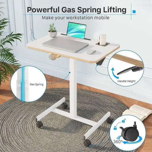 Alt view image 5 of 7 - Mobile Standing Desk, Rolling Laptop Cart Adjustable Height with Cup Holder, 28 inch Portable Table with 4 Lockable Wheels, White Computer Workstation with Hook and Slots for Home Office