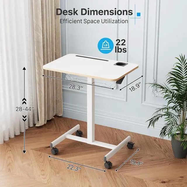 Alt view image 6 of 7 - Mobile Standing Desk, Rolling Laptop Cart Adjustable Height with Cup Holder, 28 inch Portable Table with 4 Lockable Wheels, White Computer Workstation with Hook and Slots for Home Office