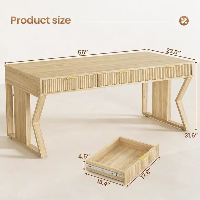 Alt view image 2 of 7 - SEDETA 55" Executive Office Desk with 3 Drawers, Home Office Desk with Storage Drawers, Computer Writing Desk Study Table, Natural Oak