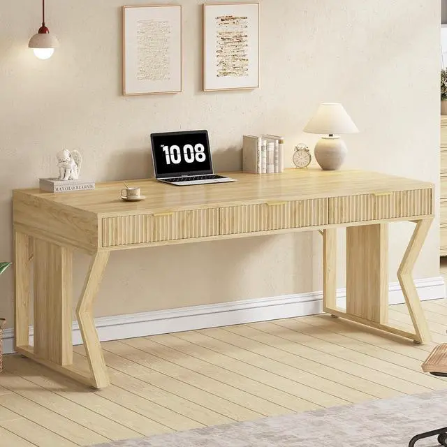 Alt view image 3 of 7 - SEDETA 55" Executive Office Desk with 3 Drawers, Home Office Desk with Storage Drawers, Computer Writing Desk Study Table, Natural Oak