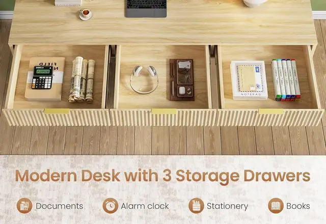 Alt view image 4 of 7 - SEDETA 55" Executive Office Desk with 3 Drawers, Home Office Desk with Storage Drawers, Computer Writing Desk Study Table, Natural Oak