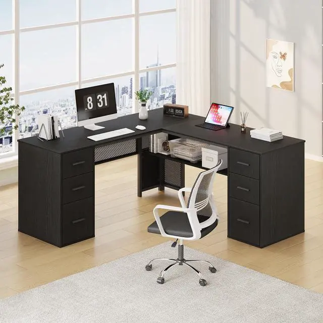 Main image of HSH Black L Shaped Desk with File Drawers Shelves, Reversible Corner Metal Wood Computer Desk with Storage Cabinet, Modern Large Executive Work Writing Study Table for Home Office Bedroom, 59 Inch