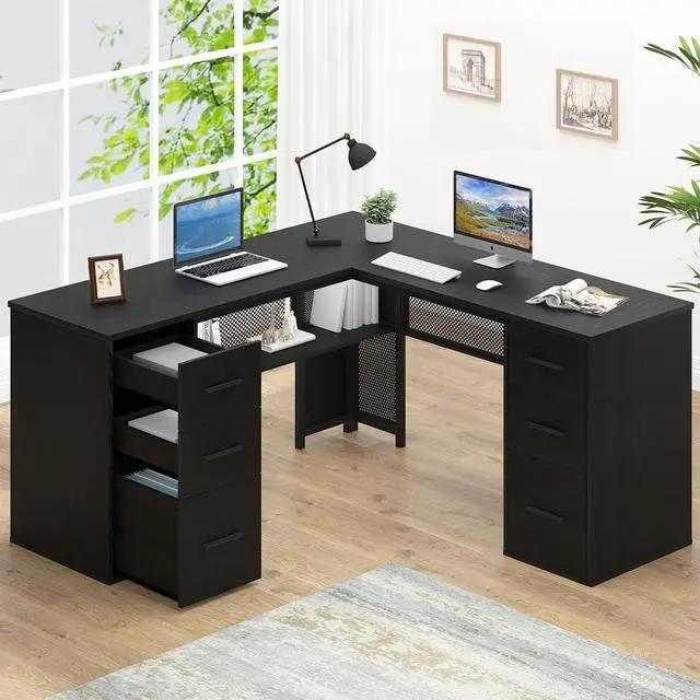 Alt view image 3 of 7 - HSH Black L Shaped Desk with File Drawers Shelves, Reversible Corner Metal Wood Computer Desk with Storage Cabinet, Modern Large Executive Work Writing Study Table for Home Office Bedroom, 59 Inch