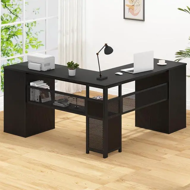 Alt view image 4 of 7 - HSH Black L Shaped Desk with File Drawers Shelves, Reversible Corner Metal Wood Computer Desk with Storage Cabinet, Modern Large Executive Work Writing Study Table for Home Office Bedroom, 59 Inch