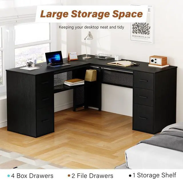 Alt view image 6 of 7 - HSH Black L Shaped Desk with File Drawers Shelves, Reversible Corner Metal Wood Computer Desk with Storage Cabinet, Modern Large Executive Work Writing Study Table for Home Office Bedroom, 59 Inch