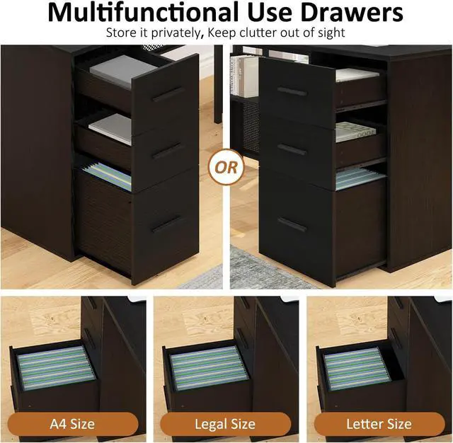 Alt view image 7 of 7 - HSH Black L Shaped Desk with File Drawers Shelves, Reversible Corner Metal Wood Computer Desk with Storage Cabinet, Modern Large Executive Work Writing Study Table for Home Office Bedroom, 59 Inch