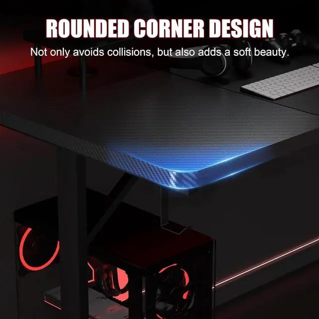 Alt view image 6 of 7 - GTRACING Gaming Desk 55 Inch with LED Lights, Large Computer Desk with Mouse Pad for Home Office, T-Shaped Carbon Fibre Surface PC Game Workstations with Headphone Hook Light Black