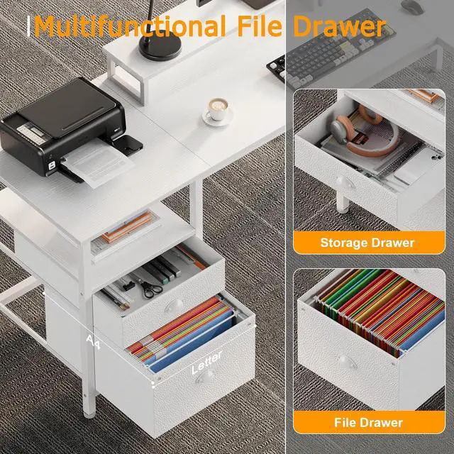 Alt view image 7 of 7 - Furologee 66 L Shaped Desk with Power Outlet, Reversible Computer Gaming Desk with File Drawer & 2 Monitor Stands for Home Office with Storage Shelves, White