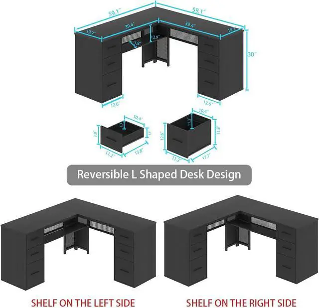 Alt view image 2 of 7 - HSH Black L Shaped Desk with File Drawers Shelves, Reversible Corner Metal Wood Computer Desk with Storage Cabinet, Modern Large Executive Work Writing Study Table for Home Office Bedroom, 59 Inch