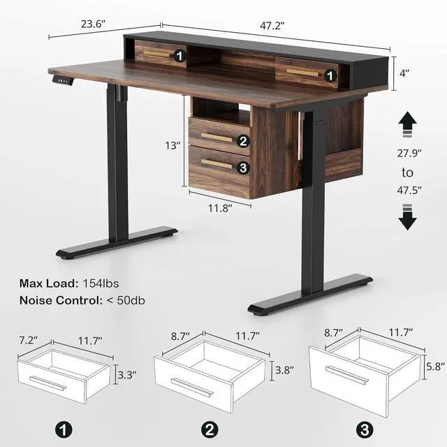 Alt view image 2 of 7 - Electric Standing Desk with 4 Drawers, 47.2 x 23.6 Inch Height Adjustable Whole Piece Sit Stand Desk, Computer Home Office Workstation with Open Storage Shelf, Black Walnut
