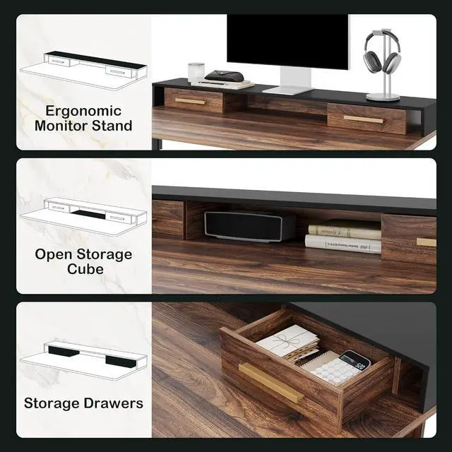 Alt view image 4 of 7 - Electric Standing Desk with 4 Drawers, 47.2 x 23.6 Inch Height Adjustable Whole Piece Sit Stand Desk, Computer Home Office Workstation with Open Storage Shelf, Black Walnut