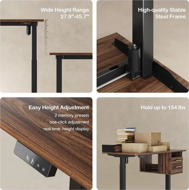 Alt view image 5 of 7 - Electric Standing Desk with 4 Drawers, 47.2 x 23.6 Inch Height Adjustable Whole Piece Sit Stand Desk, Computer Home Office Workstation with Open Storage Shelf, Black Walnut