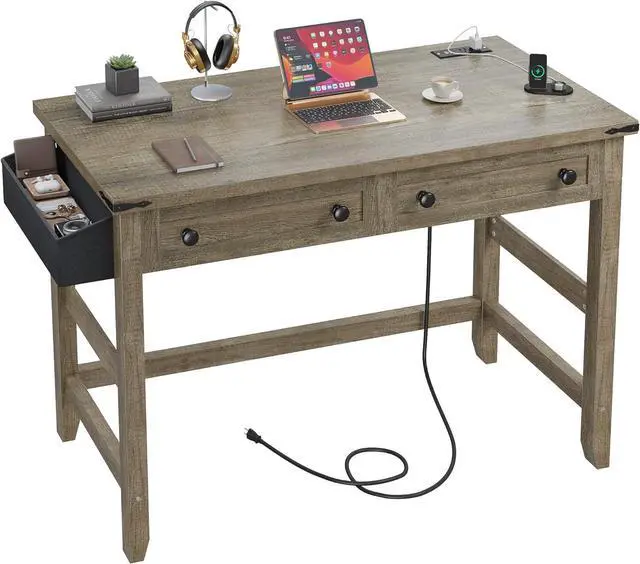 Main image of EnHomee 40" Small Desk for Bedroom, Computer Desk with Power Outlets for Home Office, Desks with Drawers and a Side Pocket, Vanity Desks for Bedroom, Dark Rustic Oak