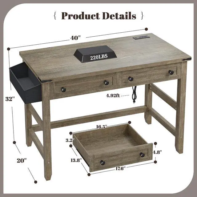 Alt view image 2 of 7 - EnHomee 40" Small Desk for Bedroom, Computer Desk with Power Outlets for Home Office, Desks with Drawers and a Side Pocket, Vanity Desks for Bedroom, Dark Rustic Oak