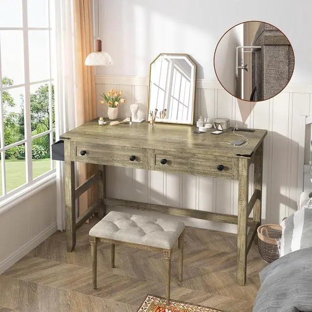 Alt view image 3 of 7 - EnHomee 40" Small Desk for Bedroom, Computer Desk with Power Outlets for Home Office, Desks with Drawers and a Side Pocket, Vanity Desks for Bedroom, Dark Rustic Oak