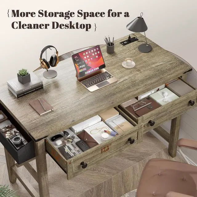 Alt view image 4 of 7 - EnHomee 40" Small Desk for Bedroom, Computer Desk with Power Outlets for Home Office, Desks with Drawers and a Side Pocket, Vanity Desks for Bedroom, Dark Rustic Oak