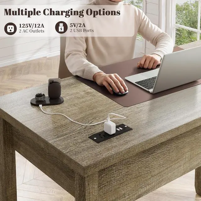 Alt view image 6 of 7 - EnHomee 40" Small Desk for Bedroom, Computer Desk with Power Outlets for Home Office, Desks with Drawers and a Side Pocket, Vanity Desks for Bedroom, Dark Rustic Oak