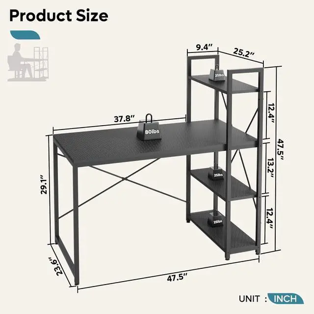 Alt view image 2 of 7 - Bestier Computer Desk with Shelves - 47 Inch Small Space Home Office Desks with Bookshelf for Study Writing and Work - Plenty Leg Room and Easy Assemble