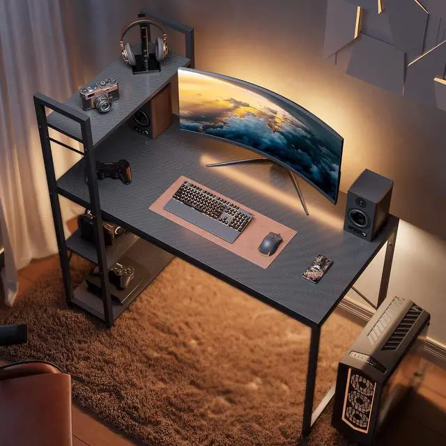 Alt view image 4 of 7 - Bestier Computer Desk with Shelves - 47 Inch Small Space Home Office Desks with Bookshelf for Study Writing and Work - Plenty Leg Room and Easy Assemble