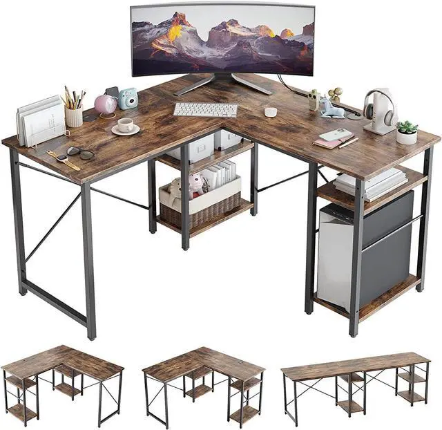 Alt view image 3 of 7 - Bestier L Shaped Computer Desk, Reversible Corner Office Desk with Shelves, 75 Inch 2 Person Long Desk, Writing Study Table for Home Office Bedroom Small Space Apartment (Rustic Brown)