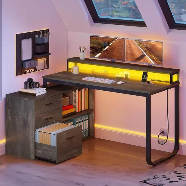 Alt view image 3 of 7 - DWVO L Shaped Desk with Power Outlets, 55" Computer Desk with Drawers & LED Lights, Corner Desk Home Office Desk with File Cabinet, Grey