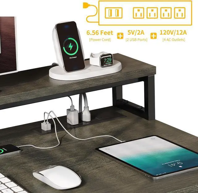 Alt view image 6 of 7 - DWVO L Shaped Desk with Power Outlets, 55" Computer Desk with Drawers & LED Lights, Corner Desk Home Office Desk with File Cabinet, Grey