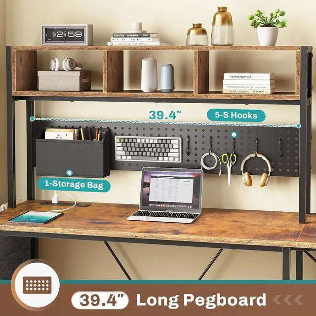 Alt view image 5 of 7 - SEDETA L Shaped Gaming Desk with Hutch, 57.5 Reversible Corner Computer Desk with Storage Shelves, Gaming Desk with Pegboard, LED Lights, Power Outlet, Keyboard Tray (Rustic Brown)