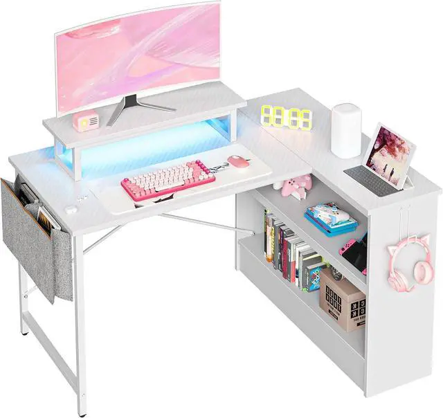 Main image of Bestier L Shaped Gaming Desk with LED Lights, 42 Inch Computer Desk with Monitor Stand & Open Storage Cabinet,Writing Study Corner Desk for Home Office Bedroom, White