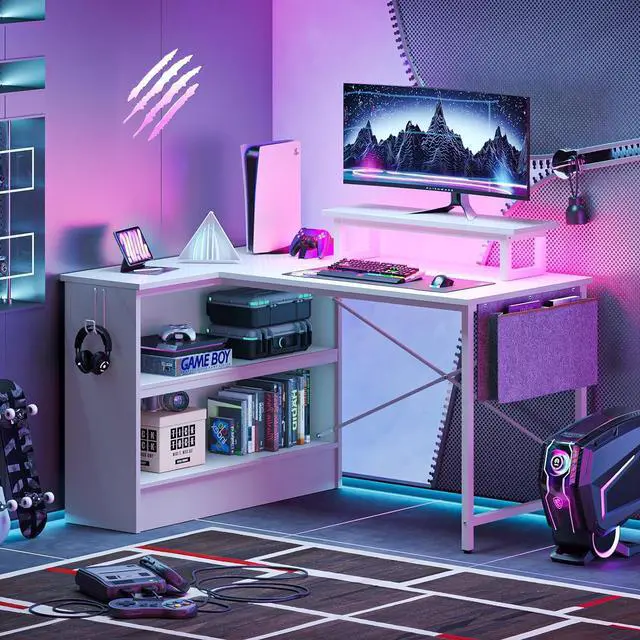 Alt view image 2 of 7 - Bestier L Shaped Gaming Desk with LED Lights, 42 Inch Computer Desk with Monitor Stand & Open Storage Cabinet,Writing Study Corner Desk for Home Office Bedroom, White