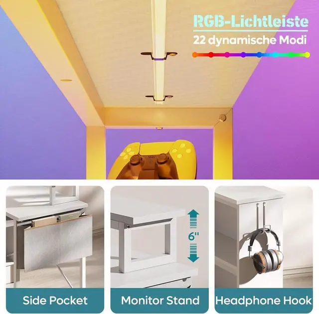Alt view image 5 of 7 - Bestier L Shaped Gaming Desk with LED Lights, 42 Inch Computer Desk with Monitor Stand & Open Storage Cabinet,Writing Study Corner Desk for Home Office Bedroom, White