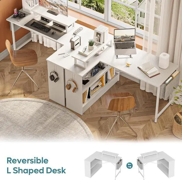 Alt view image 6 of 7 - Bestier L Shaped Gaming Desk with LED Lights, 42 Inch Computer Desk with Monitor Stand & Open Storage Cabinet,Writing Study Corner Desk for Home Office Bedroom, White