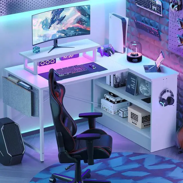 Alt view image 7 of 7 - Bestier L Shaped Gaming Desk with LED Lights, 42 Inch Computer Desk with Monitor Stand & Open Storage Cabinet,Writing Study Corner Desk for Home Office Bedroom, White