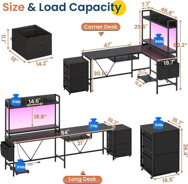 Alt view image 2 of 7 - L Shaped Gaming Desk with Keyboard Tray, Reversible Computer Desk with Power Outlet, Corner Home Office Desks, Mobile File Cabinet Storage Shelves Monitor Stand Drawers (Black, 67in)