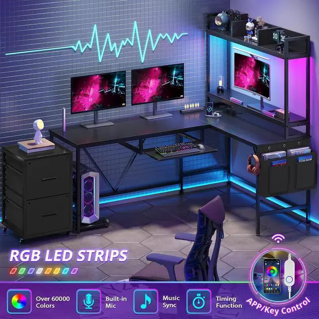 Alt view image 4 of 7 - L Shaped Gaming Desk with Keyboard Tray, Reversible Computer Desk with Power Outlet, Corner Home Office Desks, Mobile File Cabinet Storage Shelves Monitor Stand Drawers (Black, 67in)