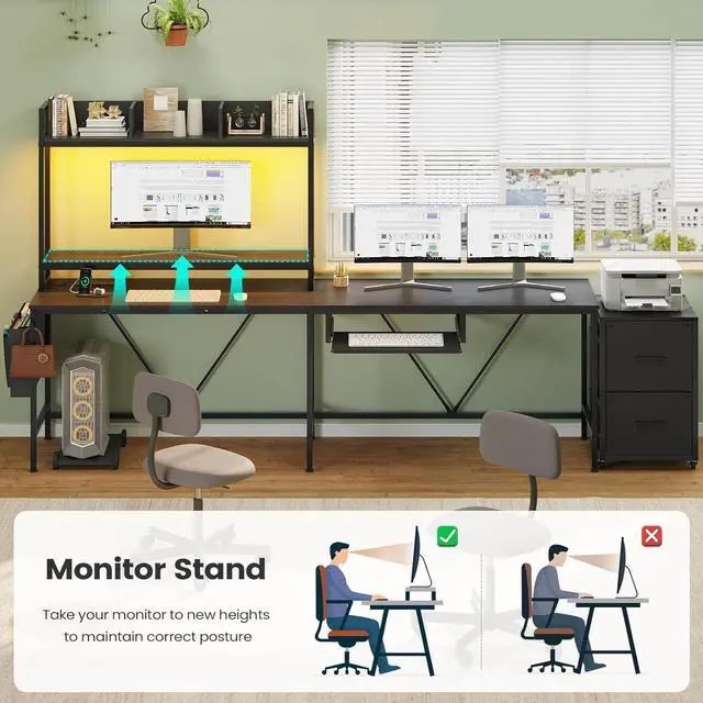 Alt view image 5 of 7 - L Shaped Gaming Desk with Keyboard Tray, Reversible Computer Desk with Power Outlet, Corner Home Office Desks, Mobile File Cabinet Storage Shelves Monitor Stand Drawers (Black, 67in)