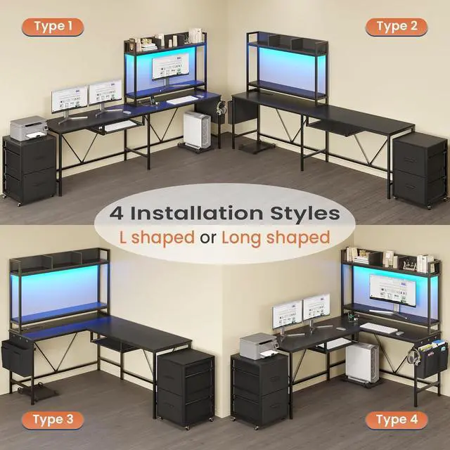 Alt view image 7 of 7 - L Shaped Gaming Desk with Keyboard Tray, Reversible Computer Desk with Power Outlet, Corner Home Office Desks, Mobile File Cabinet Storage Shelves Monitor Stand Drawers (Black, 67in)