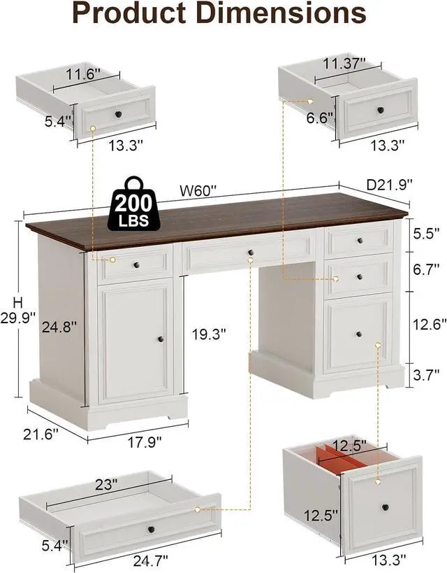 Alt view image 2 of 7 - Vipbear 60" Executive Desk, Farmhouse Computer Desk with Drawers and File Cabinet, Embossed Texture Home Office Desks, Workspace for Work Study Writing, White