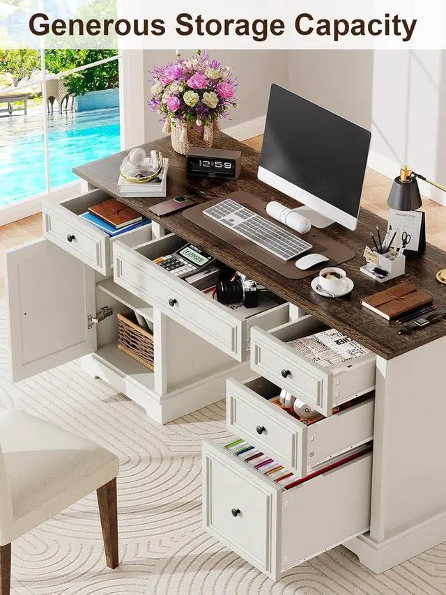 Alt view image 3 of 7 - Vipbear 60" Executive Desk, Farmhouse Computer Desk with Drawers and File Cabinet, Embossed Texture Home Office Desks, Workspace for Work Study Writing, White