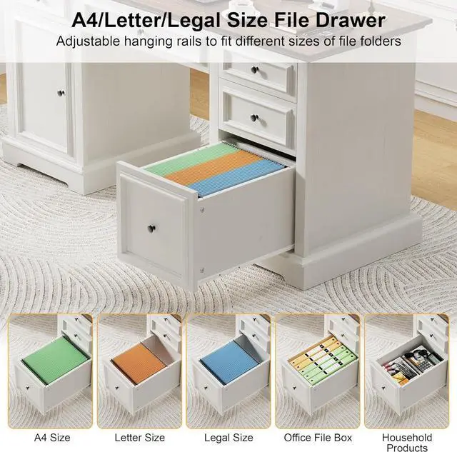 Alt view image 4 of 7 - Vipbear 60" Executive Desk, Farmhouse Computer Desk with Drawers and File Cabinet, Embossed Texture Home Office Desks, Workspace for Work Study Writing, White