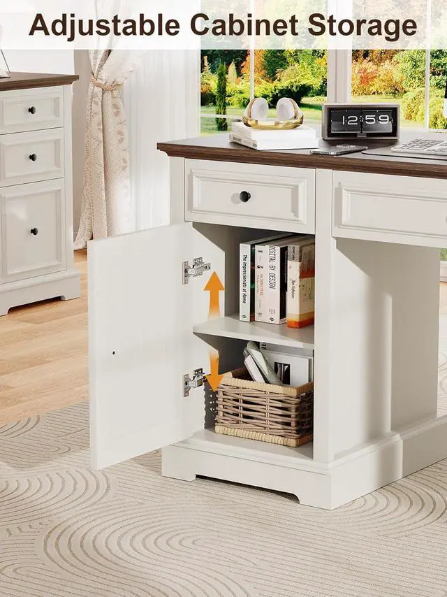 Alt view image 5 of 7 - Vipbear 60" Executive Desk, Farmhouse Computer Desk with Drawers and File Cabinet, Embossed Texture Home Office Desks, Workspace for Work Study Writing, White