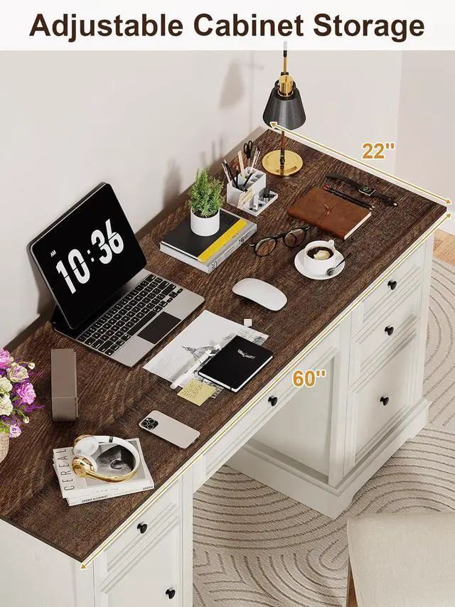 Alt view image 6 of 7 - Vipbear 60" Executive Desk, Farmhouse Computer Desk with Drawers and File Cabinet, Embossed Texture Home Office Desks, Workspace for Work Study Writing, White