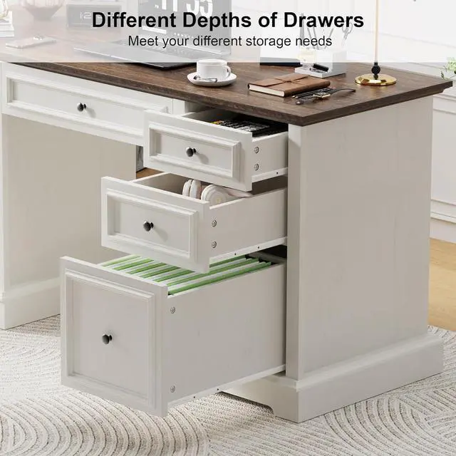 Alt view image 7 of 7 - Vipbear 60" Executive Desk, Farmhouse Computer Desk with Drawers and File Cabinet, Embossed Texture Home Office Desks, Workspace for Work Study Writing, White