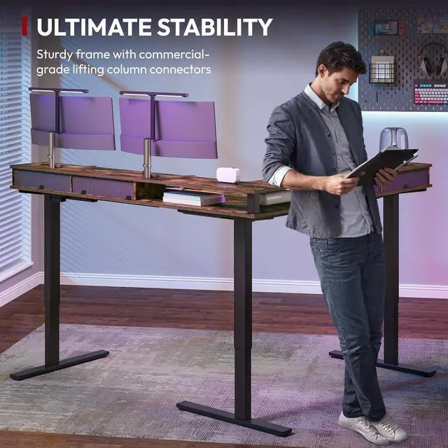 Alt view image 4 of 7 - SANODESK 71" L Shaped Standing Desk with 4 Drawers, Height Adjustable Stand up Desk, Corner Gaming Desk with Monitor Stand, Black Frame/Rustic Brown Top