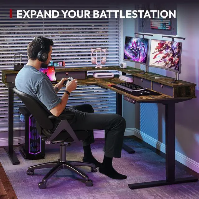 Alt view image 5 of 7 - SANODESK 71" L Shaped Standing Desk with 4 Drawers, Height Adjustable Stand up Desk, Corner Gaming Desk with Monitor Stand, Black Frame/Rustic Brown Top