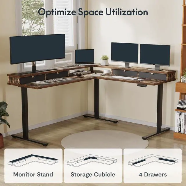 Alt view image 7 of 7 - SANODESK 71" L Shaped Standing Desk with 4 Drawers, Height Adjustable Stand up Desk, Corner Gaming Desk with Monitor Stand, Black Frame/Rustic Brown Top