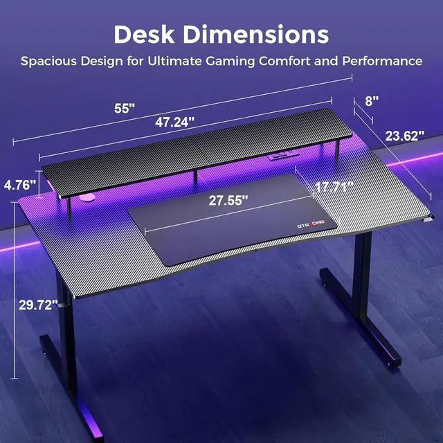 Alt view image 3 of 7 - GTRACING Gaming Desk with LED Lights, 55 Inch Large Computer Gamer Desk with Monitor Stand & Power Outlet, Ergonomic Carbon Fiber Surface Gaming Table with Mouse Pad for Home Office, Carbon Black