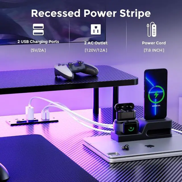 Alt view image 4 of 7 - GTRACING Gaming Desk with LED Lights, 55 Inch Large Computer Gamer Desk with Monitor Stand & Power Outlet, Ergonomic Carbon Fiber Surface Gaming Table with Mouse Pad for Home Office, Carbon Black